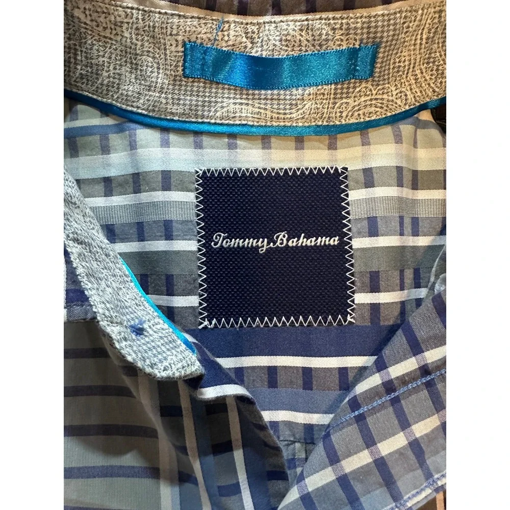 Tommy Bahama Button Down Mens L Blue Grey Excellent Pima Cotton Striped‎ Shirt